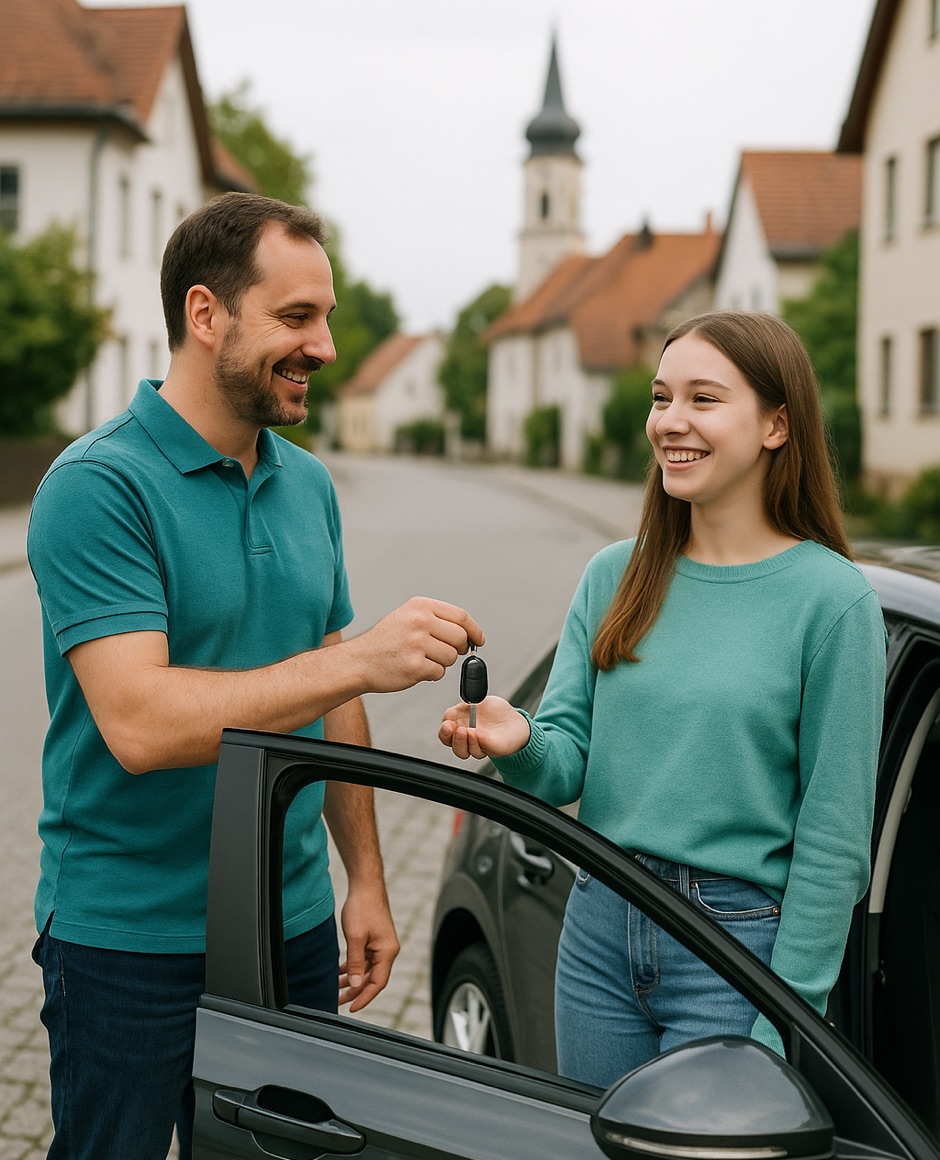 Fahrlehrer übergibt Fahrschülerin den Autoschlüssel